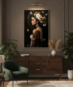 Tableau Persan Laqué Fleurs et Papillons cadre Bois