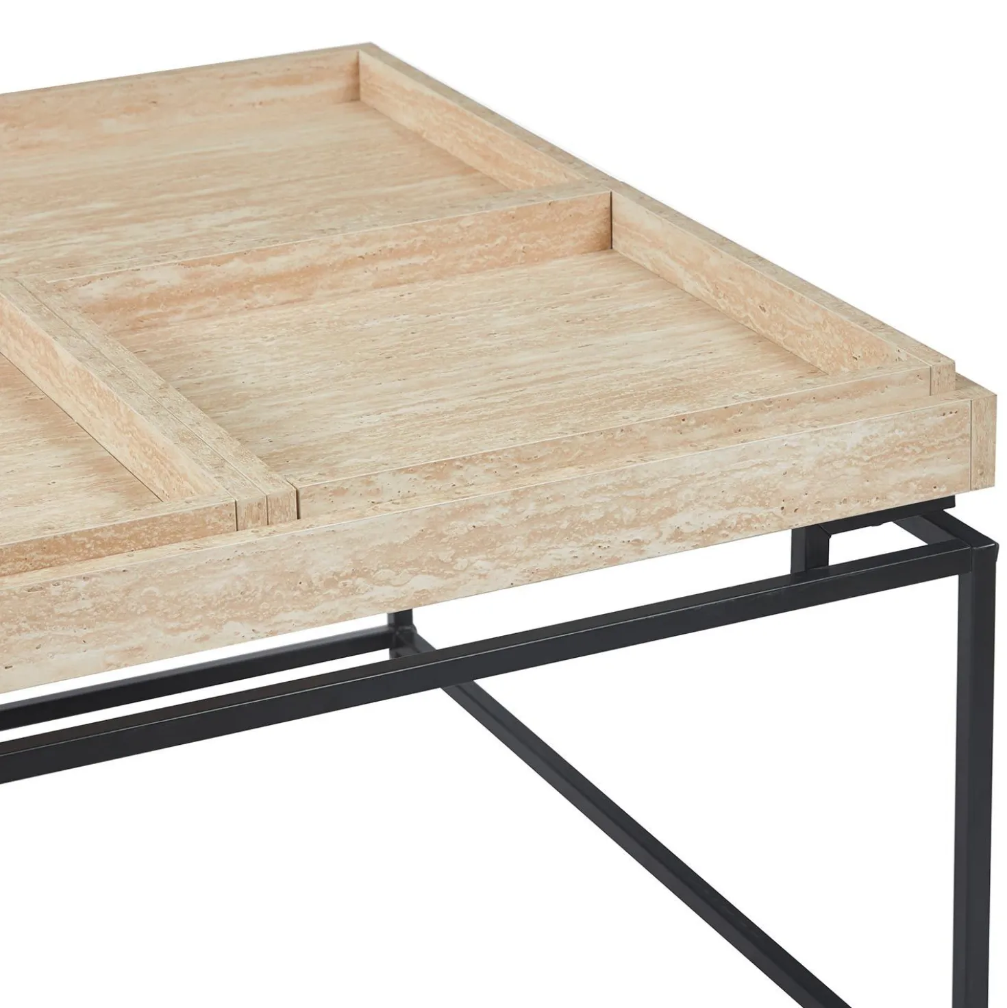 Table basse carrée avec plateau compartimenté réversible 80x80cm Duplix Effet Travertin Beige
