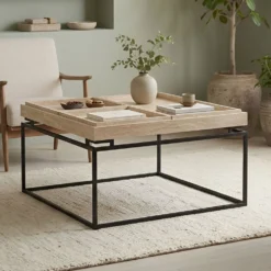 Table basse carrée avec plateau compartimenté réversible 80x80cm Duplix Effet Travertin Beige