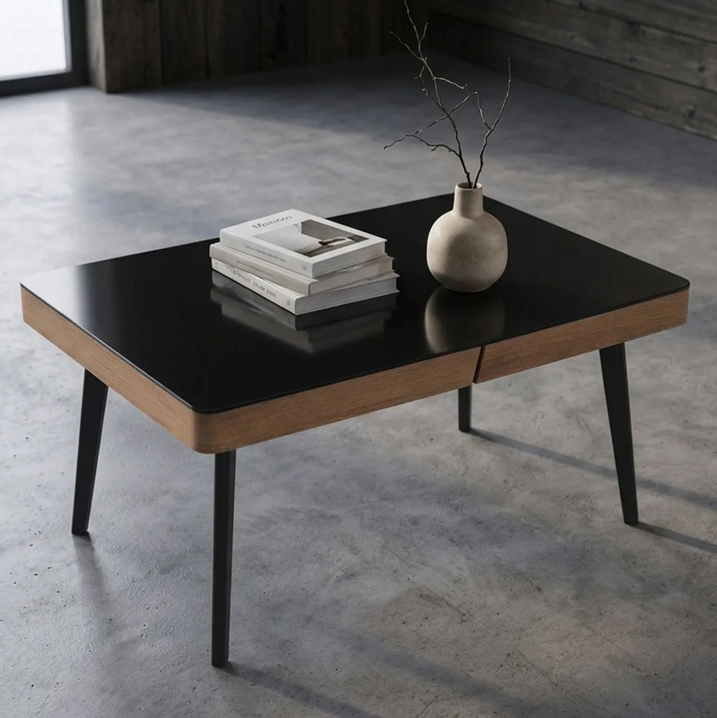 Table basse en bois Darcy avec plateau en Verre Noir
