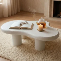 Table basse forme courbes naturelles Valdo 69x100cm Blanc texturé
