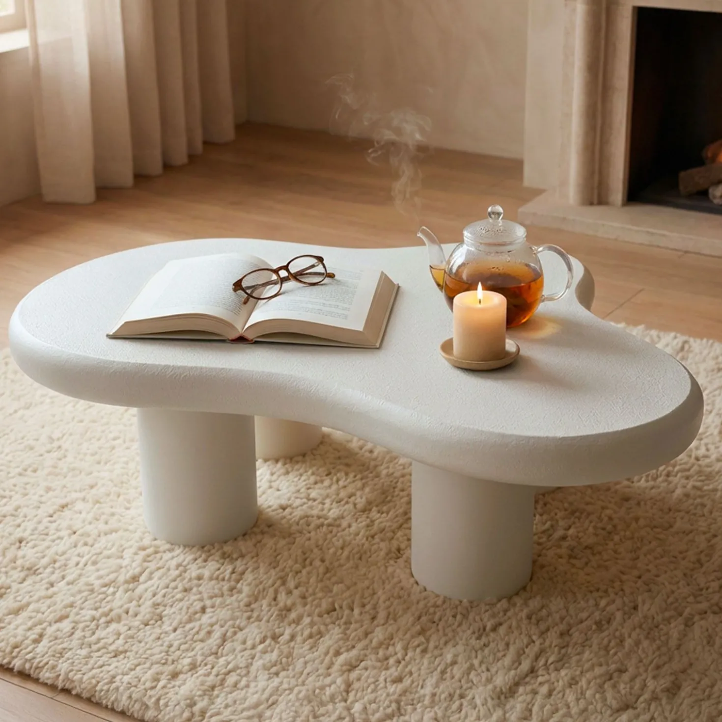 Table basse forme courbes naturelles Valdo 69x100cm Blanc texturé