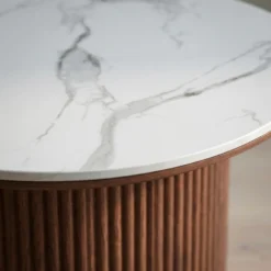 Table basse moderne ronde 80cm Eglantine Bois et Céramique Effet marbre Blanc