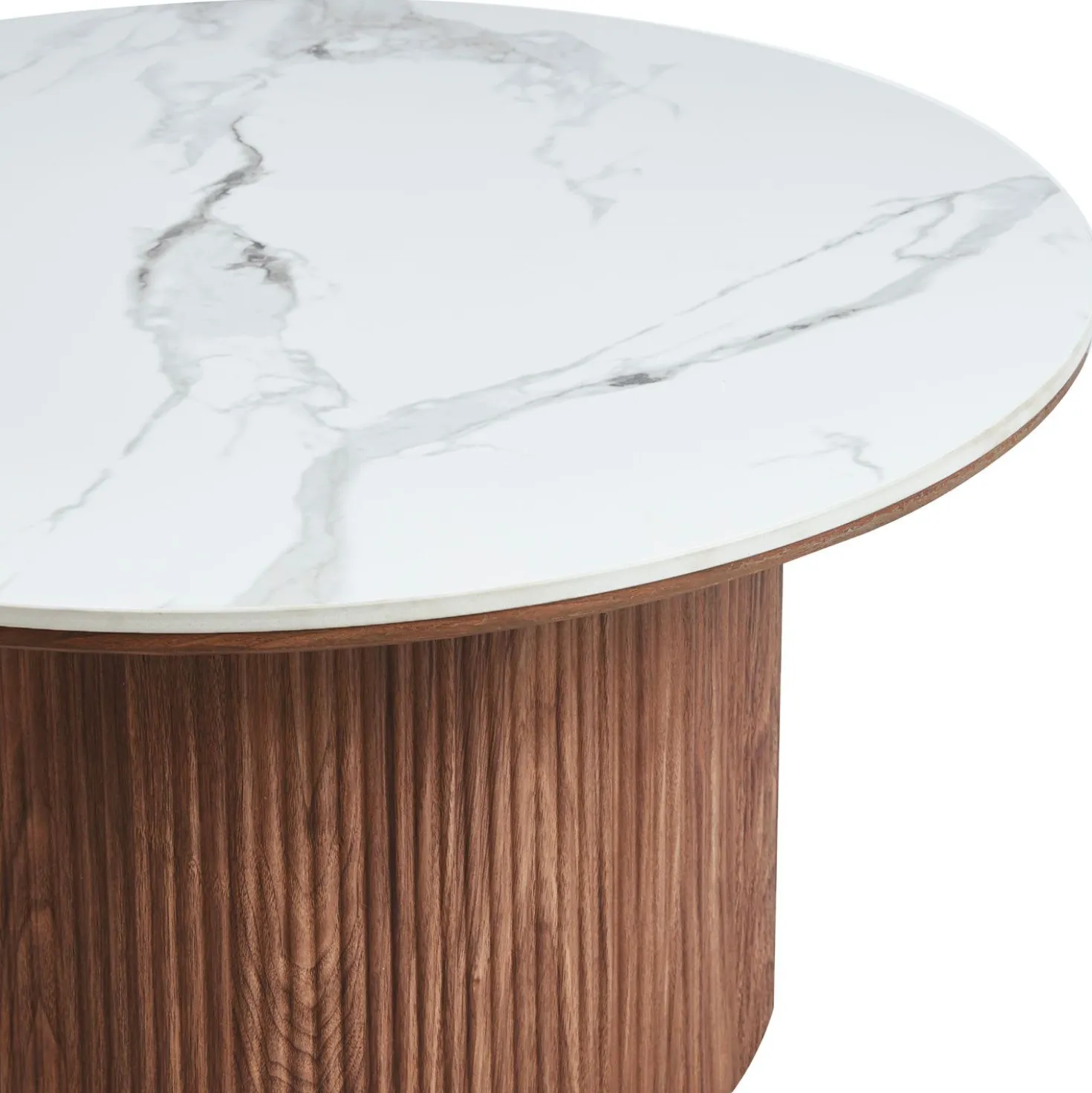 Table basse moderne ronde 80cm Eglantine Bois et Céramique Effet marbre Blanc