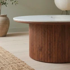 Table basse moderne ronde 80cm Eglantine Bois et Céramique Effet marbre Blanc