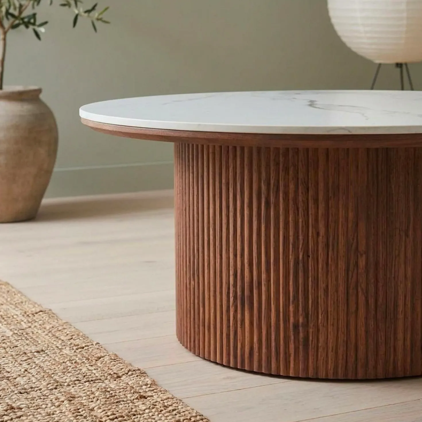 Table basse moderne ronde 80cm Eglantine Bois et Céramique Effet marbre Blanc
