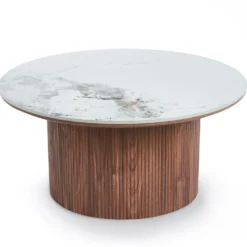 Table basse moderne ronde 80cm Eglantine Bois et Céramique Effet marbre Blanc