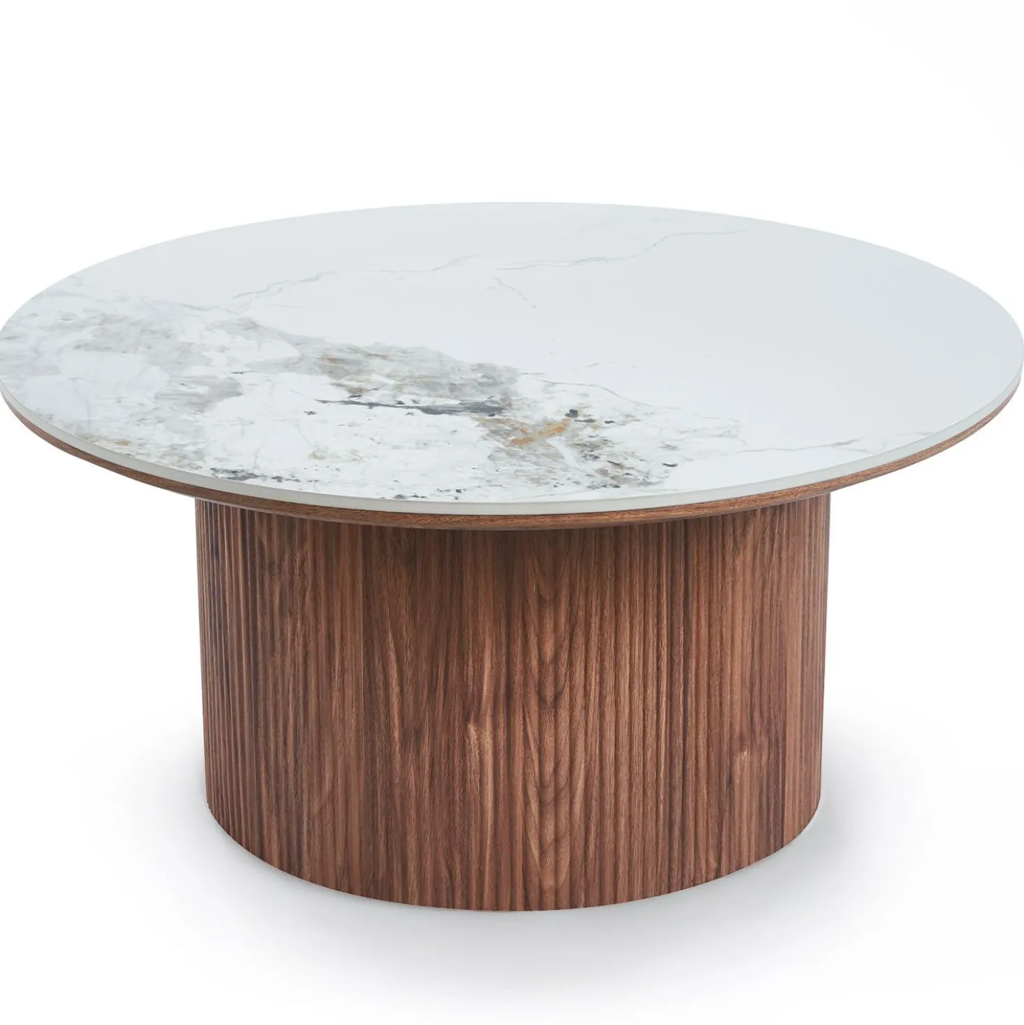 Table basse moderne ronde 80cm Eglantine Bois et Céramique Effet marbre Blanc