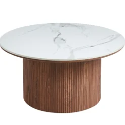Table basse moderne ronde 80cm Eglantine Bois et Céramique Effet marbre Blanc