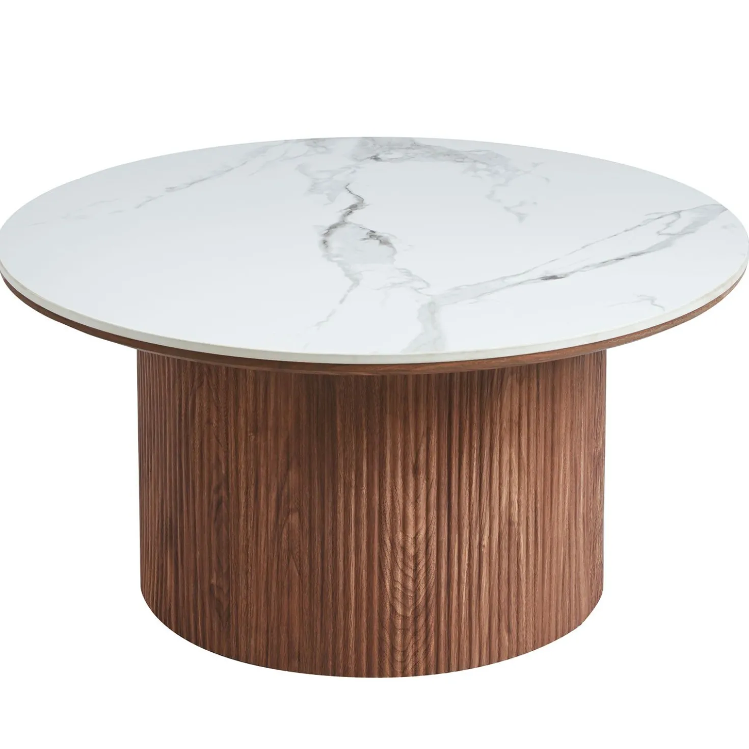 Table basse moderne ronde 80cm Eglantine Bois et Céramique Effet marbre Blanc
