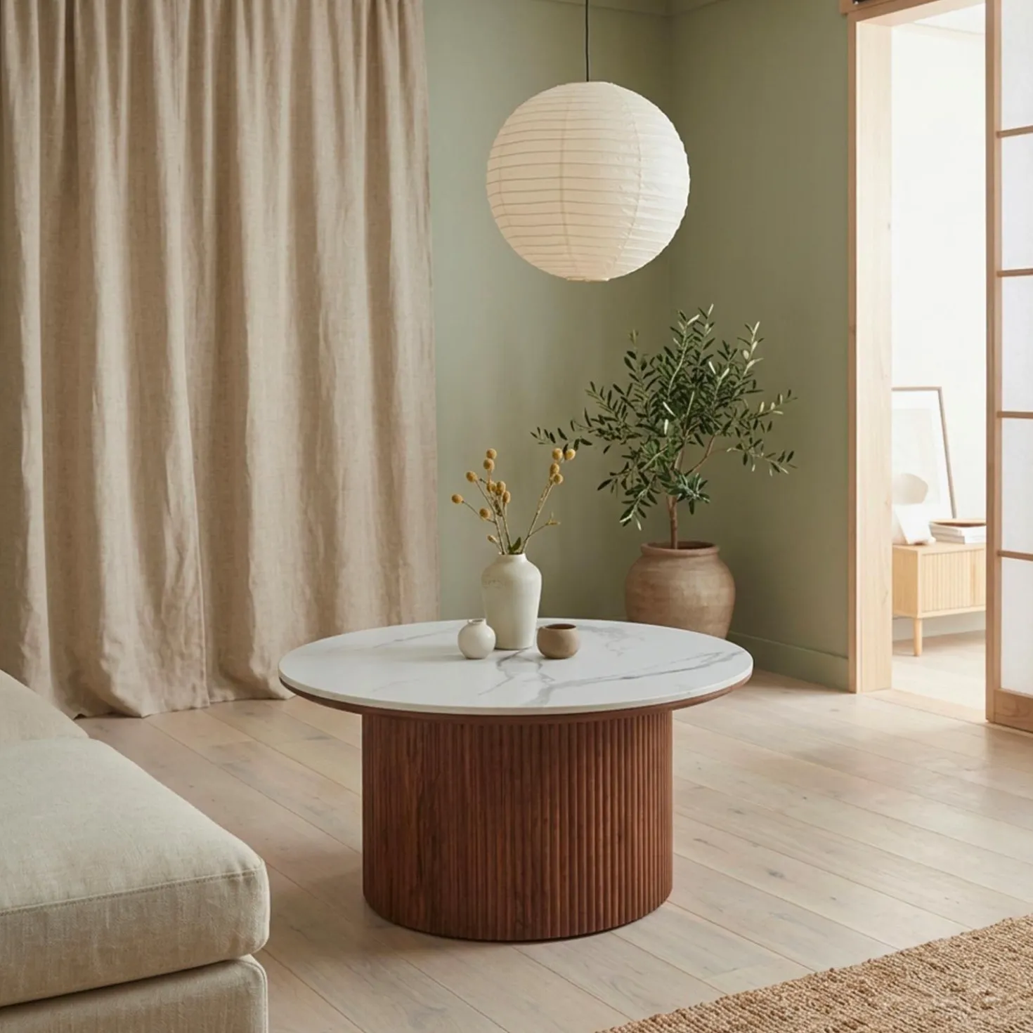 Table basse moderne ronde 80cm Eglantine Bois et Céramique Effet marbre Blanc