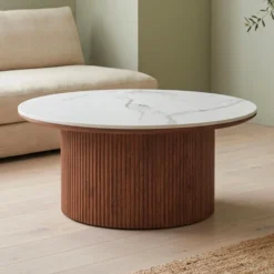 Table basse moderne ronde 80cm Eglantine Bois et Céramique Effet marbre Blanc