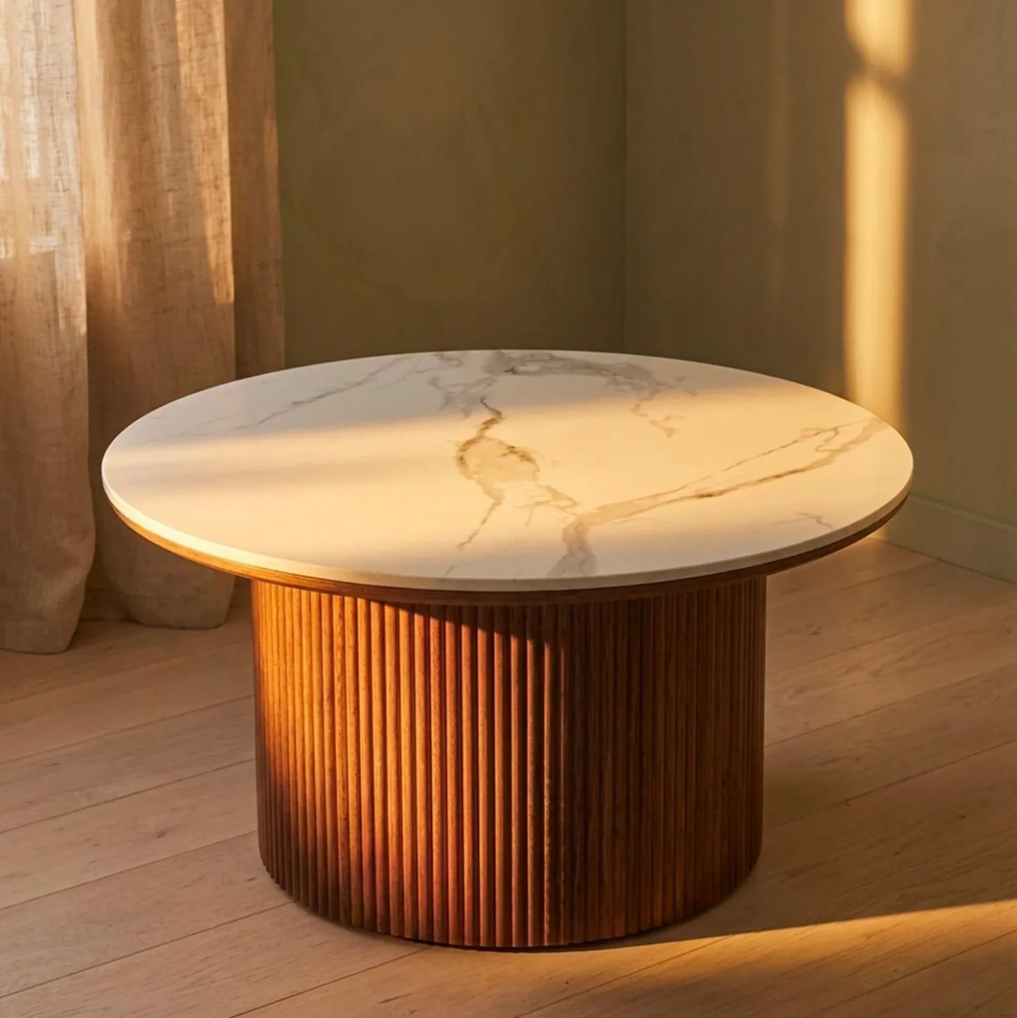 Table basse moderne ronde 80cm Eglantine Bois et Céramique Effet marbre Blanc