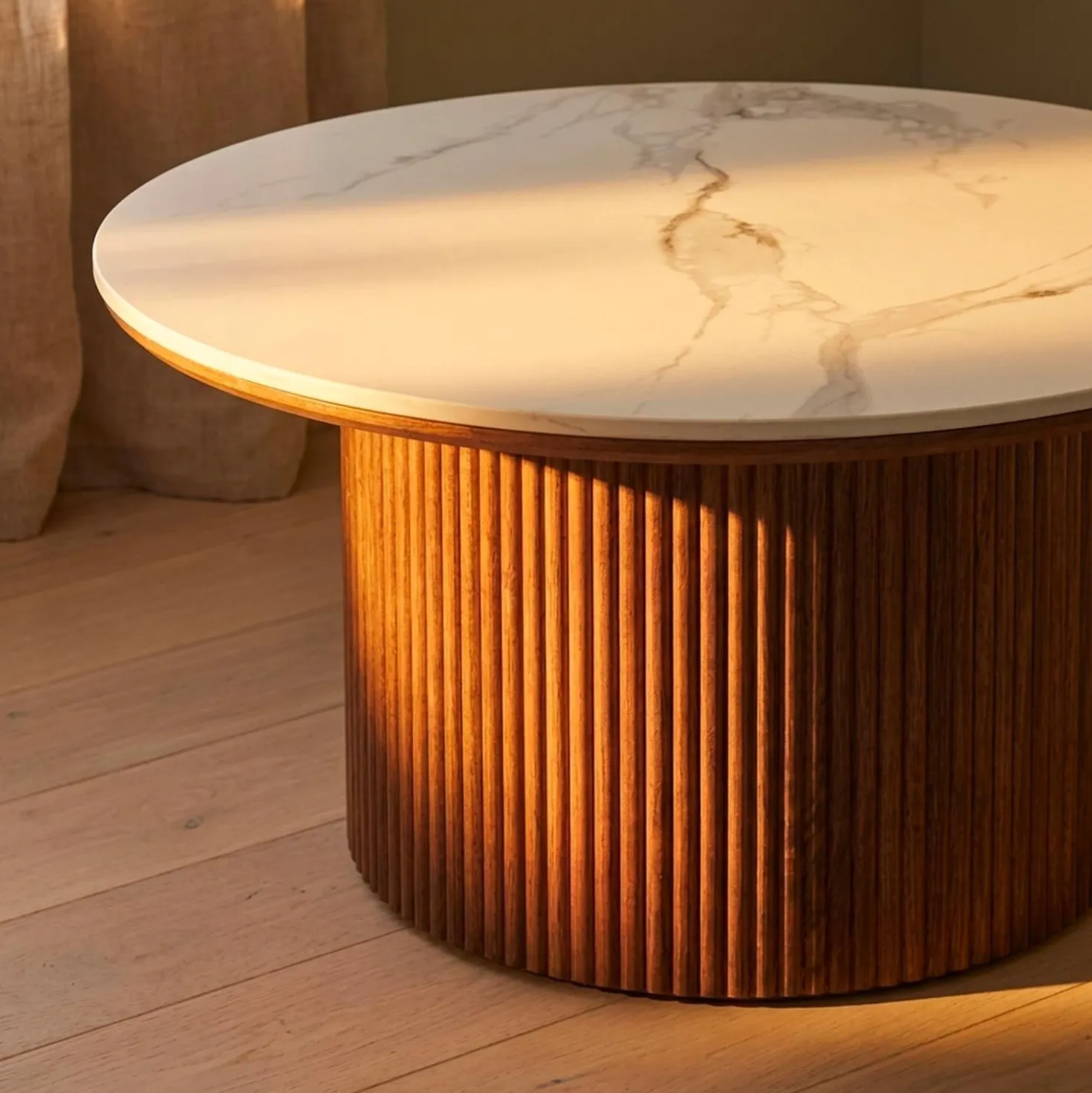 Table basse moderne ronde 80cm Eglantine Bois et Céramique Effet marbre Blanc