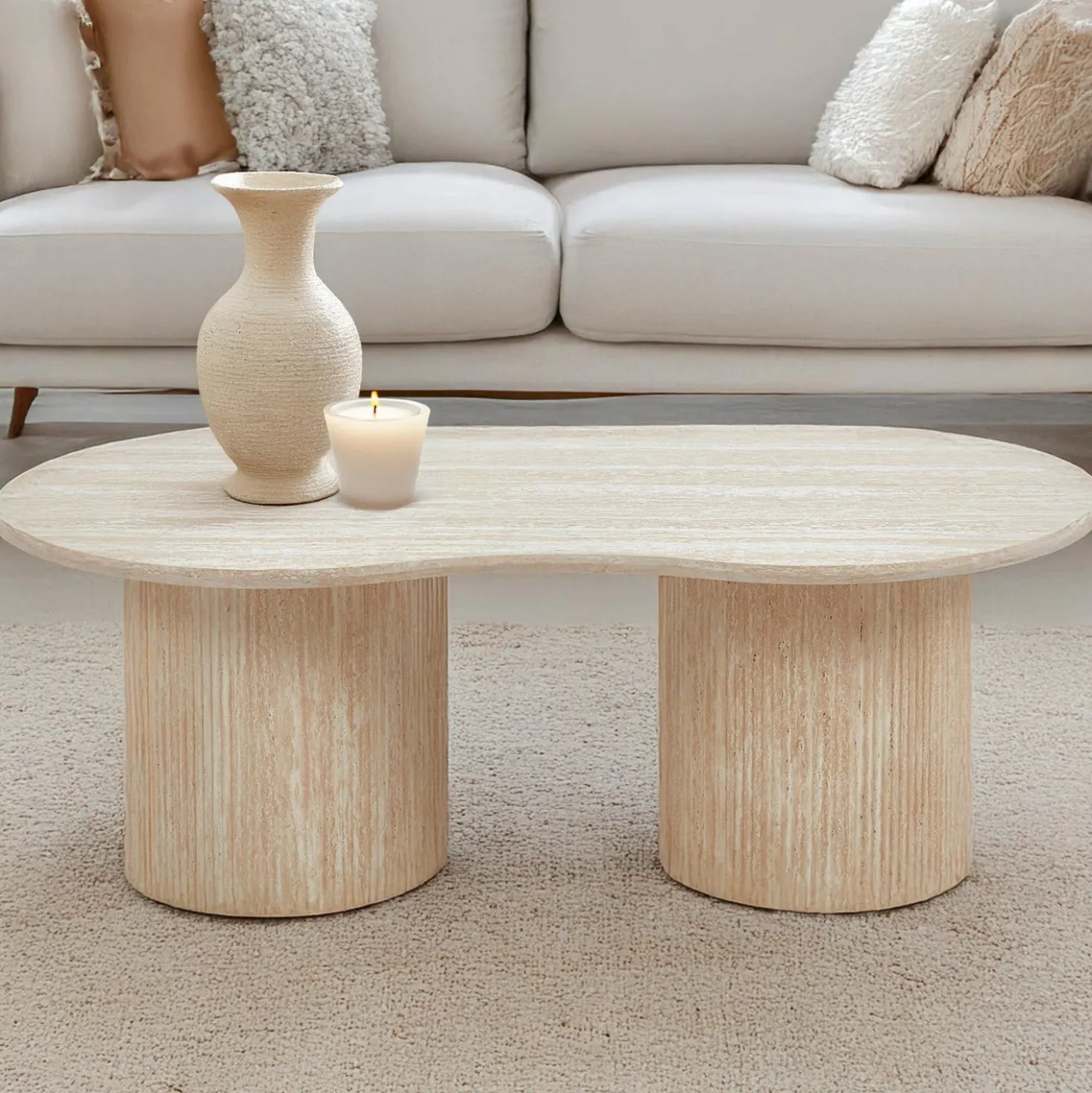 Table basse moderne 70x130cm avec pieds style colonnes Gwendoline Effet travertin Beige