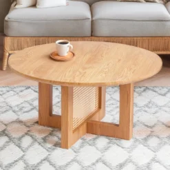 Table basse ronde D80cm Bohemia Chêne clair et Rotin