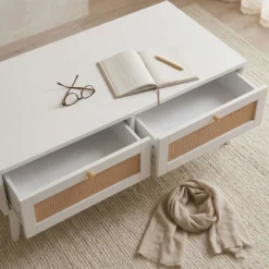 Table basse 2 tiroirs avec cannage Dalgora L120cm Blanc