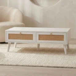 Table basse 2 tiroirs avec cannage Dalgora L120cm Blanc