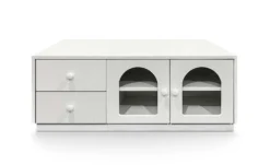 Table basse 60x100cm avec portes et tiroirs style naturel chic Volos Blanc texturé