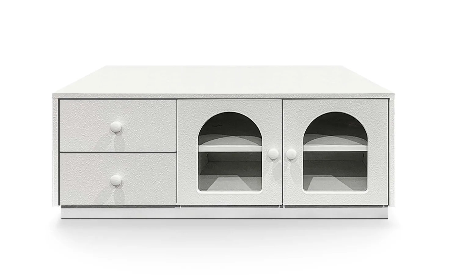 Table basse 60x100cm avec portes et tiroirs style naturel chic Volos Blanc texturé