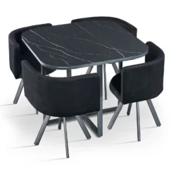 Table carrée 90cm avec 4 chaises gain de place Oslo Effet marbre noir et Velours Noir