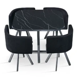 Table carrée 90cm avec 4 chaises gain de place Oslo Effet marbre noir et Velours Noir