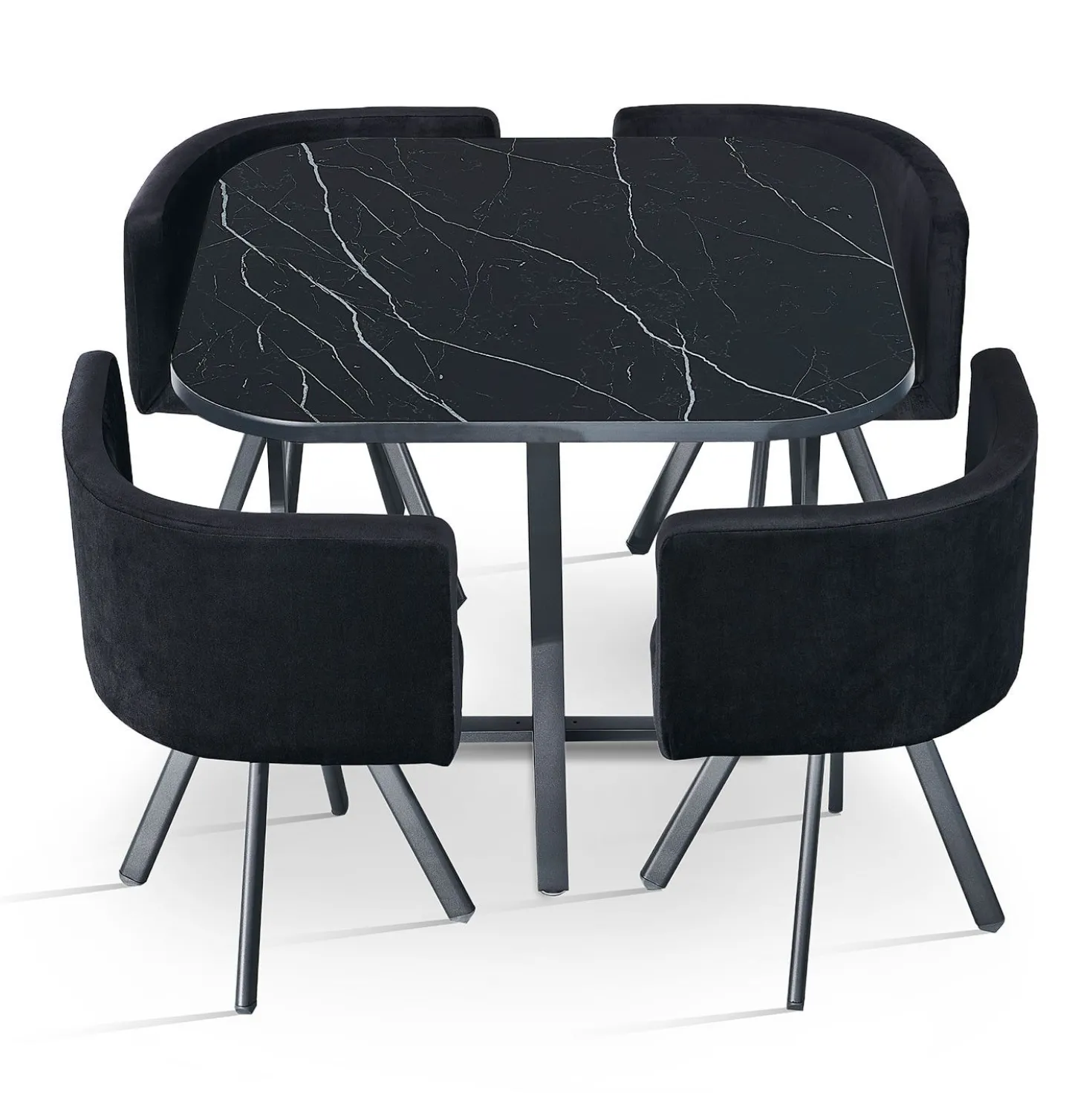 Table carrée 90cm avec 4 chaises gain de place Oslo Effet marbre noir et Velours Noir