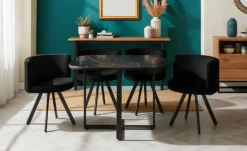 Table carrée 90cm avec 4 chaises gain de place Oslo Effet marbre noir et Velours Noir