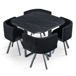 Table carrée 90cm avec 4 chaises gain de place Oslo Effet marbre noir et Velours Noir
