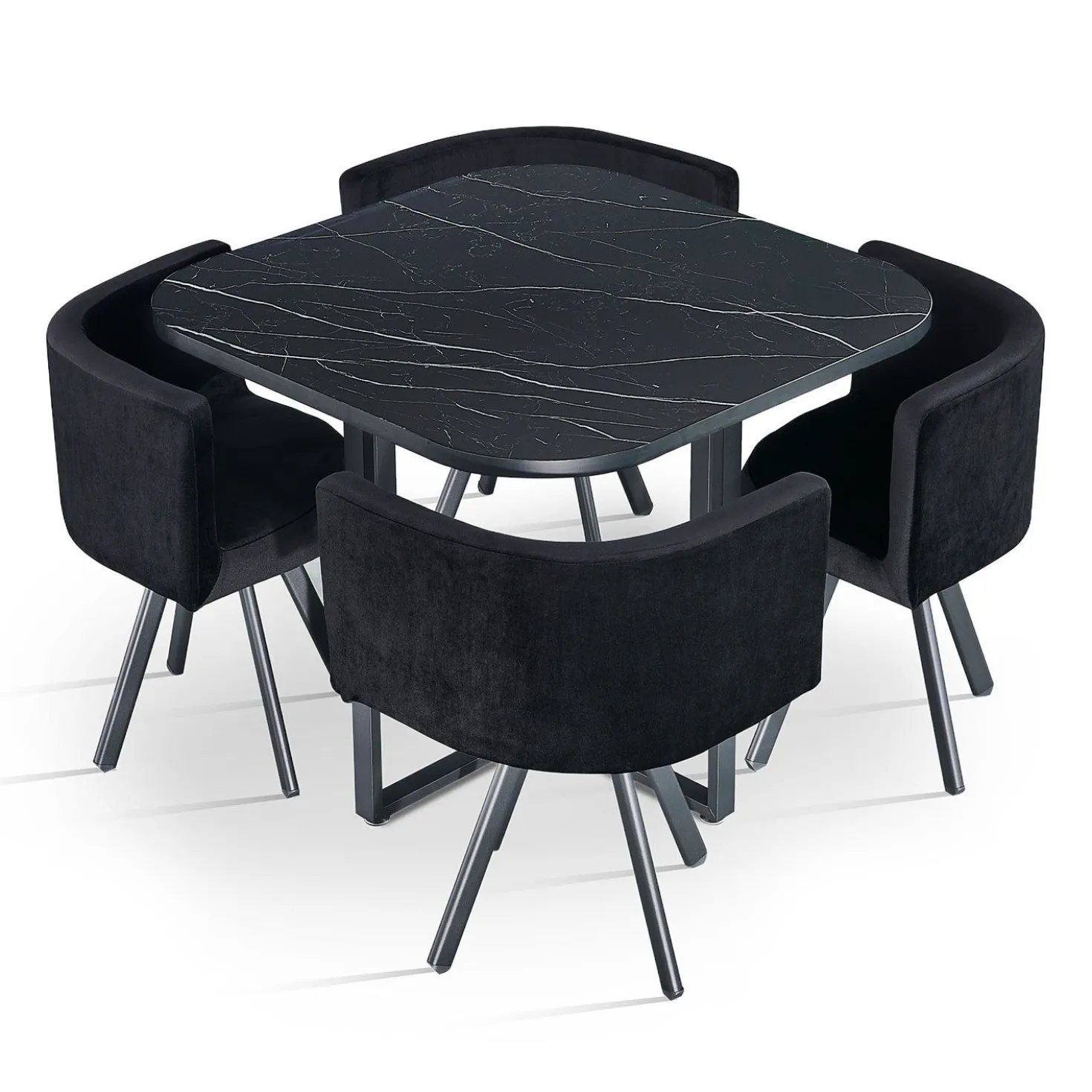 Table carrée 90cm avec 4 chaises gain de place Oslo Effet marbre noir et Velours Noir