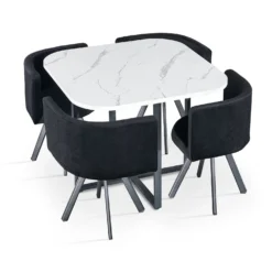 Table carrée 90cm avec 4 chaises gain de place Oslo Effet marbre blanc et Velours Noir