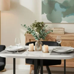 Table carrée 90cm avec 4 chaises gain de place Oslo Effet marbre blanc et Velours Noir