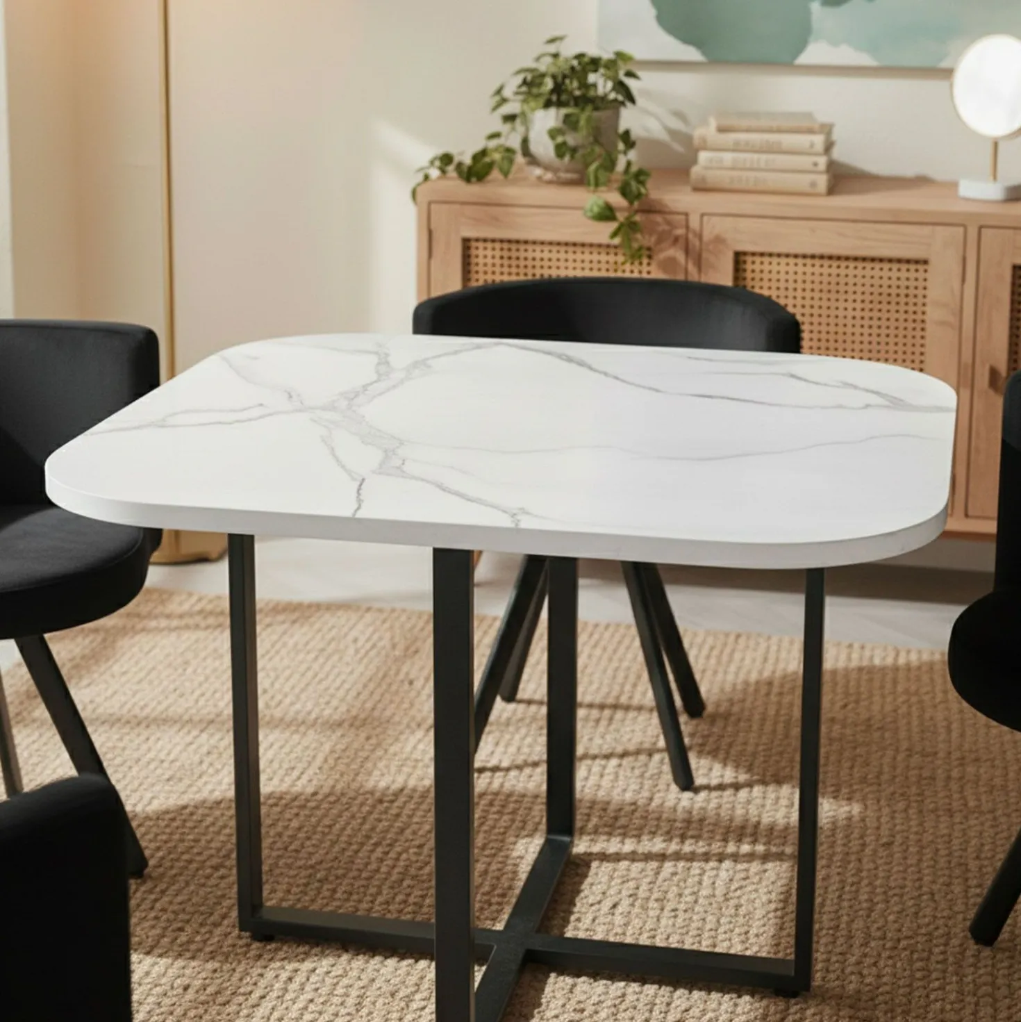Table carrée 90cm avec 4 chaises gain de place Oslo Effet marbre blanc et Velours Noir