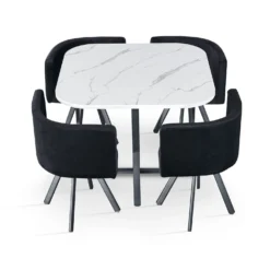 Table carrée 90cm avec 4 chaises gain de place Oslo Effet marbre blanc et Velours Noir