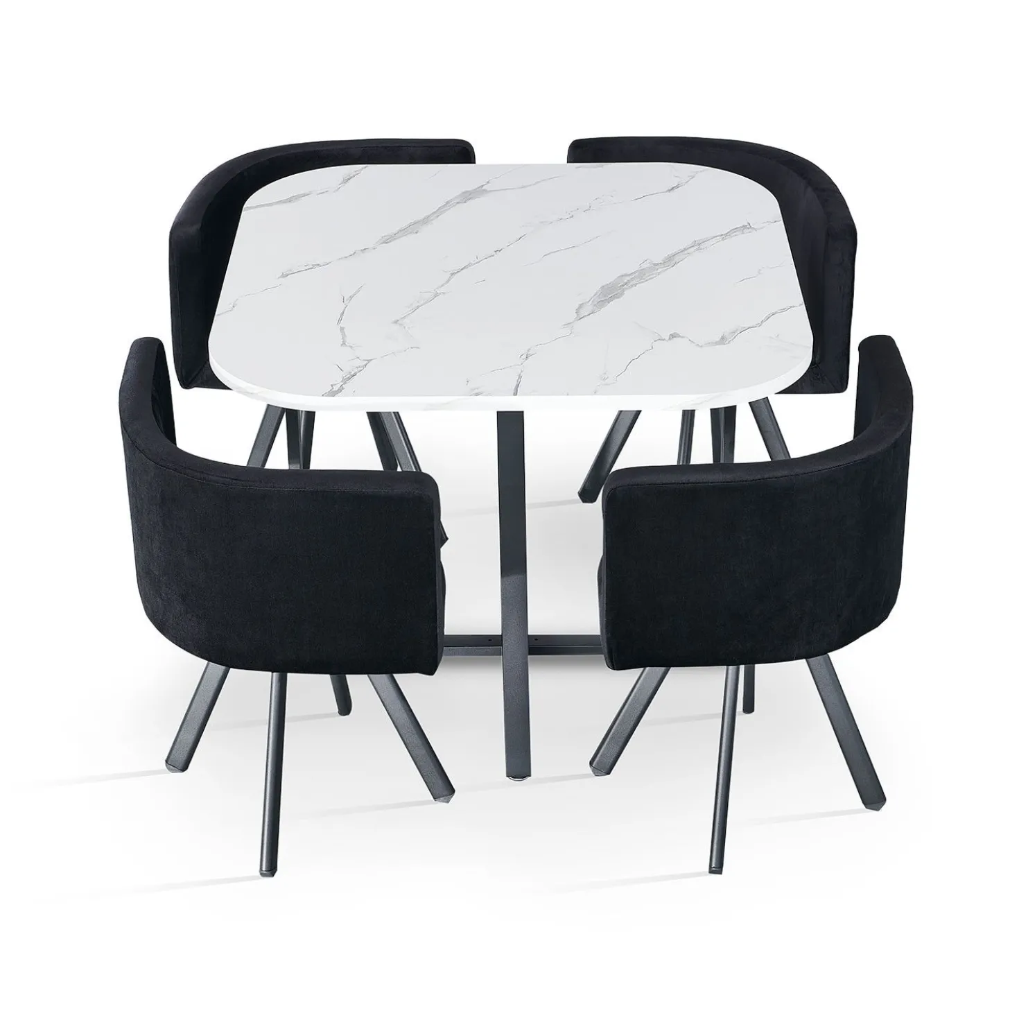 Table carrée 90cm avec 4 chaises gain de place Oslo Effet marbre blanc et Velours Noir