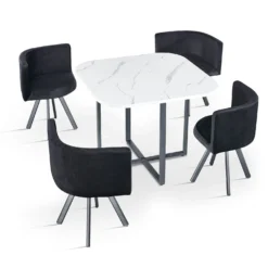 Table carrée 90cm avec 4 chaises gain de place Oslo Effet marbre blanc et Velours Noir