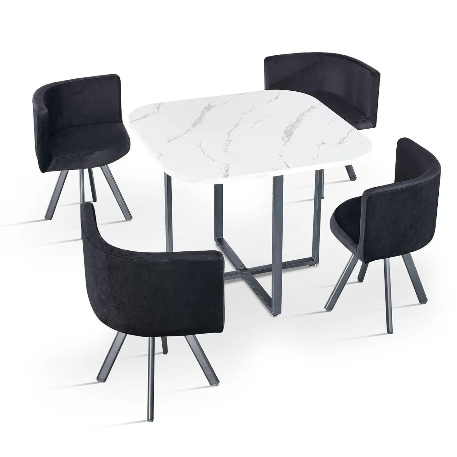 Table carrée 90cm avec 4 chaises gain de place Oslo Effet marbre blanc et Velours Noir