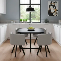 Table carrée 90cm avec 4 chaises gain de place Oslo Noir et Tissu Gris