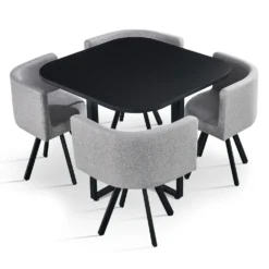 Table carrée 90cm avec 4 chaises gain de place Oslo Noir et Tissu Gris