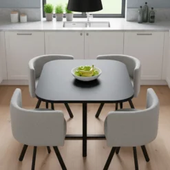 Table carrée 90cm avec 4 chaises gain de place Oslo Noir et Tissu Gris