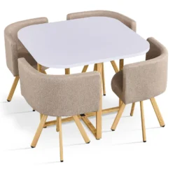 Table carrée 90cm avec 4 chaises gain de place Oslo Blanc et Tissu Taupe