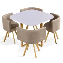 Table carrée 90cm avec 4 chaises gain de place Oslo Blanc et Tissu Taupe