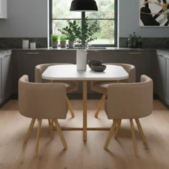 Table carrée 90cm avec 4 chaises gain de place Oslo Blanc et Tissu Taupe