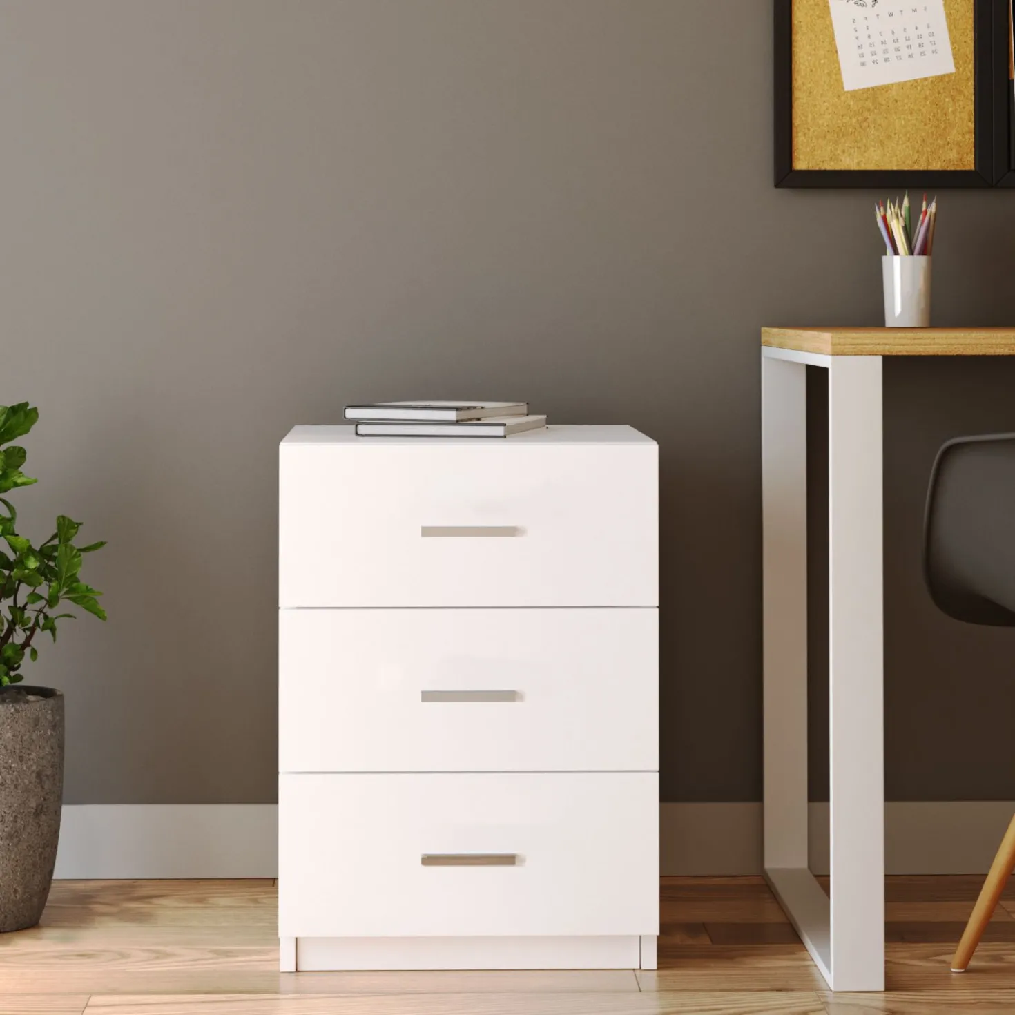 Table de chevet Moderne 3 Tiroirs Sylar Blanc