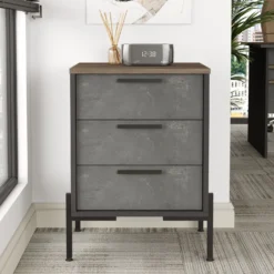 Table de chevet moderne 3 tiroirs Biallo Bois foncé, Gris béton et Anthracite