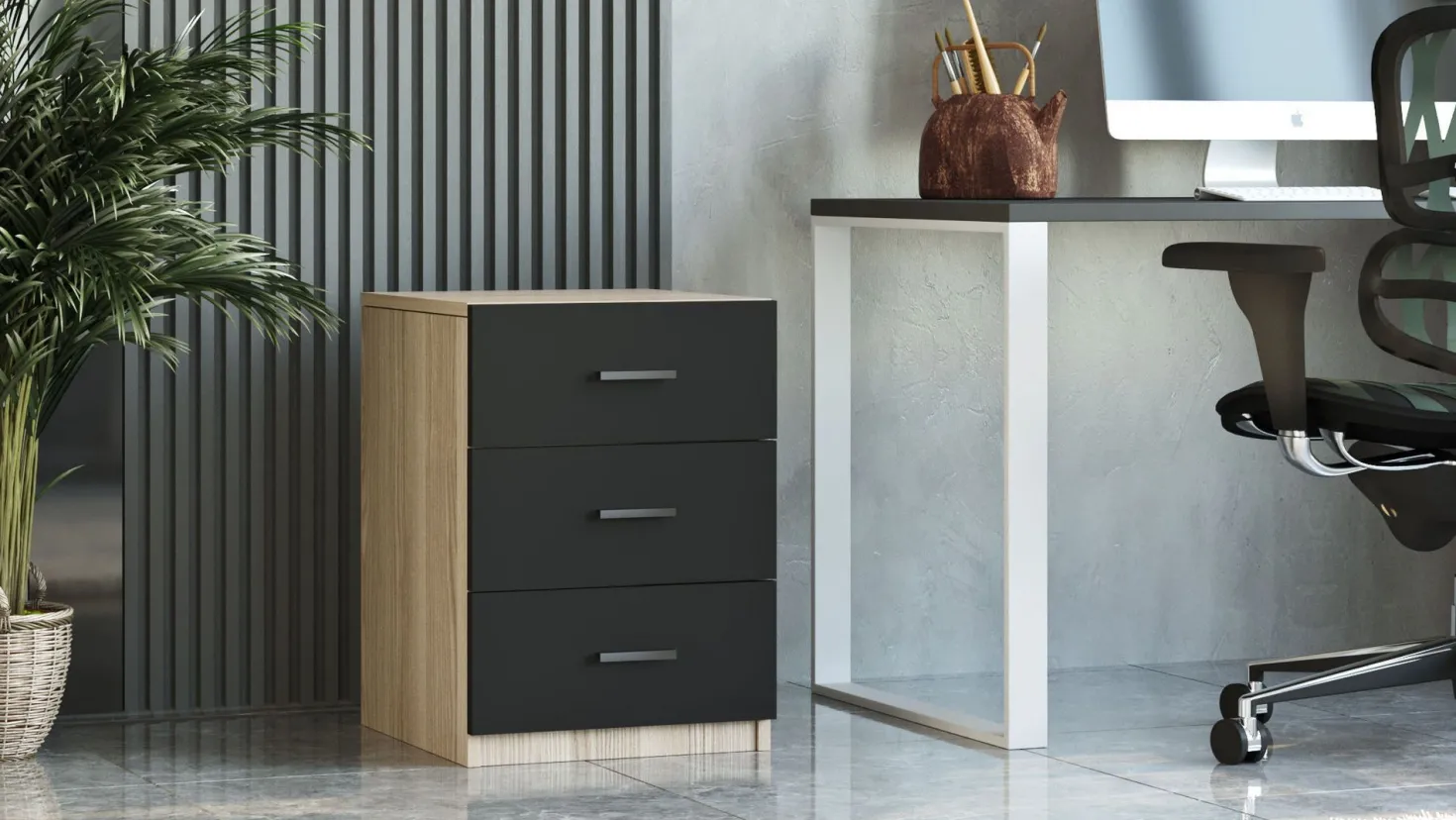 Table de chevet Moderne 3 Tiroirs Sylar Chêne et Noir