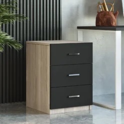 Table de chevet Moderne 3 Tiroirs Sylar Chêne et Noir