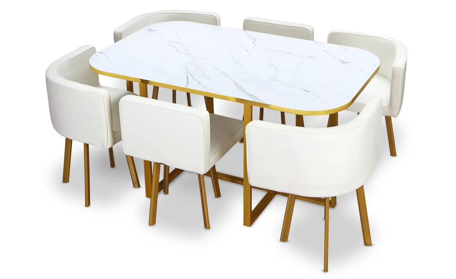 Table et chaises Oslo XL Or Effet Marbre Blanc et Simili Blanc
