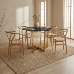 Table hexagonale 120cm Zadig Verre Effet marbre noir et pied Métal Or