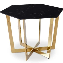 Table hexagonale 120cm Zadig Verre Effet marbre noir et pied Métal Or